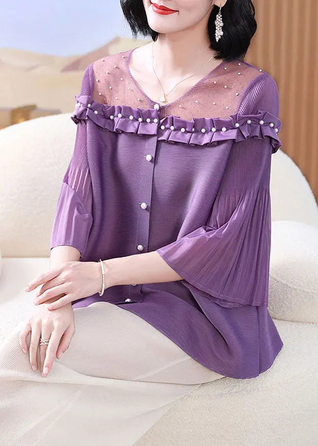 French Purple Ruffled Patchwork Nail Bead Tops Lantern Sleeve Ada Fashion