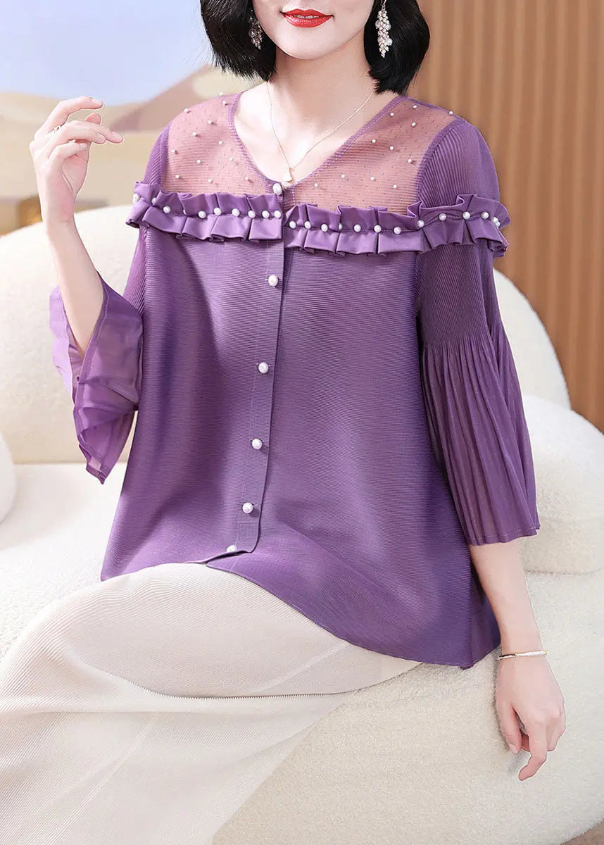 French Purple Ruffled Patchwork Nail Bead Tops Lantern Sleeve Ada Fashion