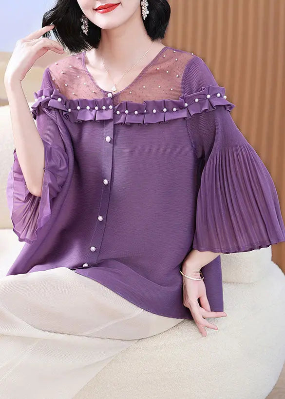 French Purple Ruffled Patchwork Nail Bead Tops Lantern Sleeve Ada Fashion