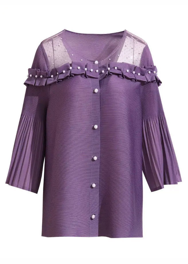 French Purple Ruffled Patchwork Nail Bead Tops Lantern Sleeve Ada Fashion