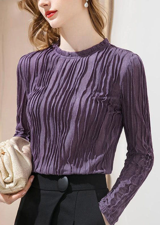 French Purple Ruffled Patchwork Slim Fit Cotton T Shirt Spring LY4683 - fabuloryshop