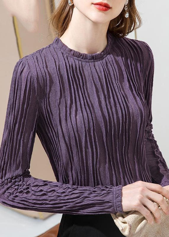 French Purple Ruffled Patchwork Slim Fit Cotton T Shirt Spring LY4683 - fabuloryshop