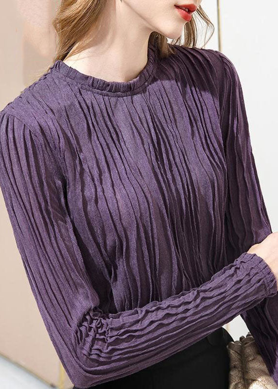 French Purple Ruffled Patchwork Slim Fit Cotton T Shirt Spring LY4683 - fabuloryshop