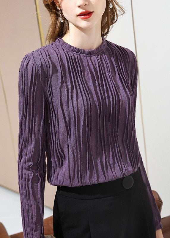 French Purple Ruffled Patchwork Slim Fit Cotton T Shirt Spring LY4683 - fabuloryshop