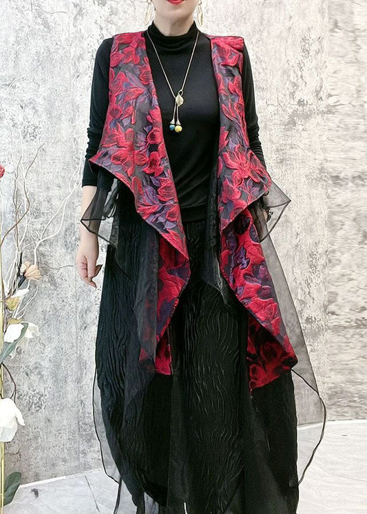 French Red Asymmetrical Jacquard Patchwork Silk Vest Sleeveless LY4593 - fabuloryshop