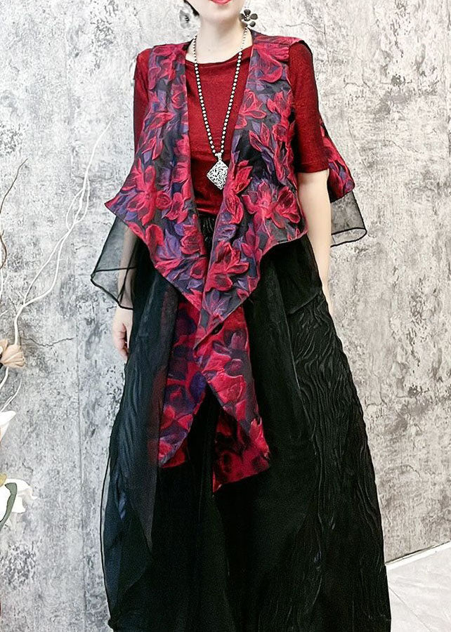 French Red Asymmetrical Jacquard Patchwork Silk Vest Sleeveless LY4593 - fabuloryshop