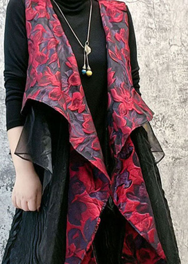 French Red Asymmetrical Jacquard Patchwork Silk Vest Sleeveless LY4593 - fabuloryshop