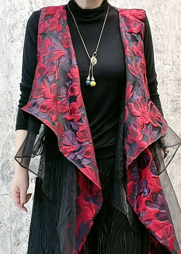 French Red Asymmetrical Jacquard Patchwork Silk Vest Sleeveless LY4593 - fabuloryshop