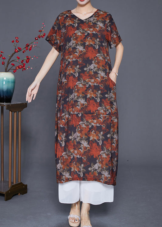 French Red Floral Patchwork Linen Straight Dress Summer Ada Fashion