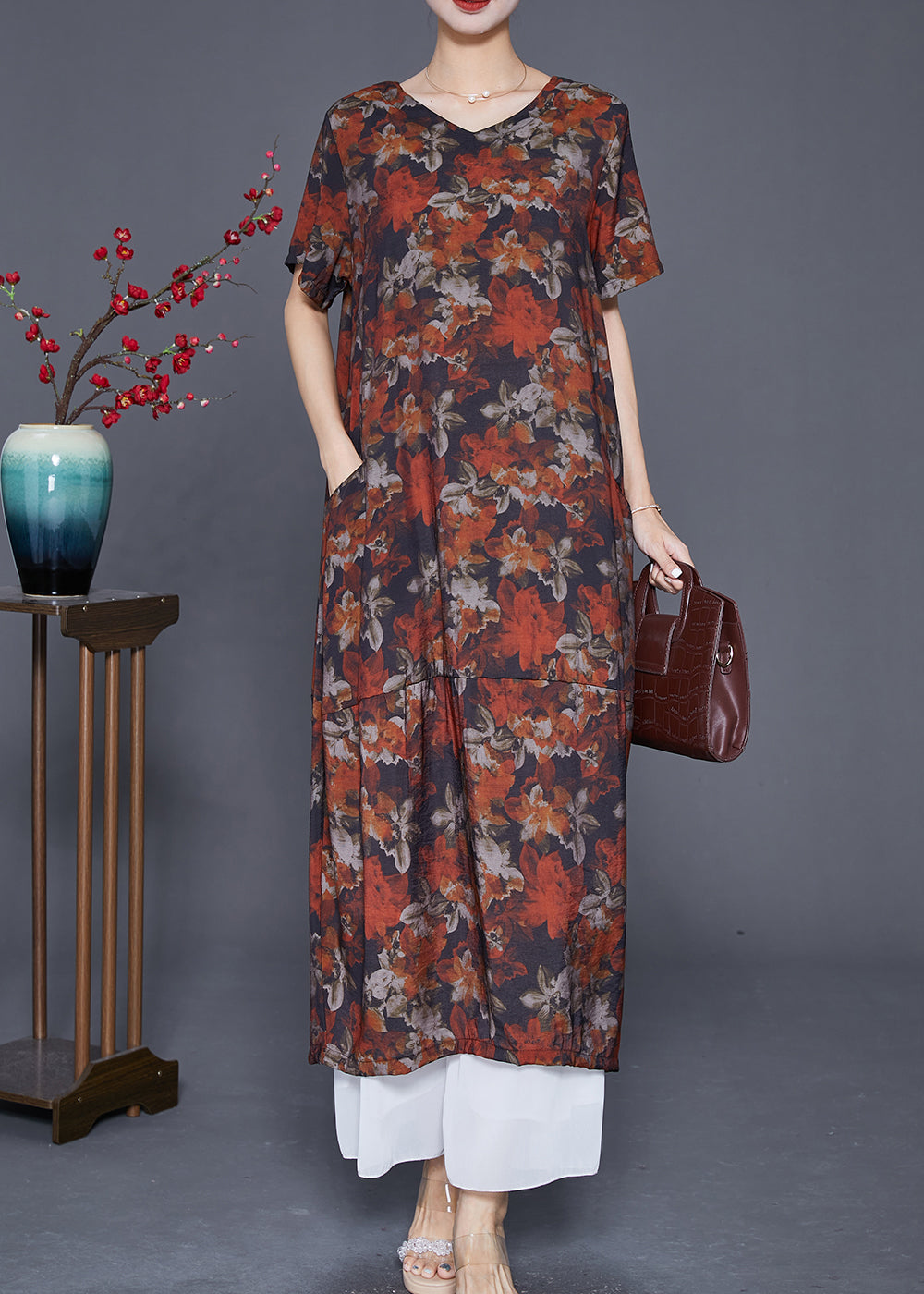 French Red Floral Patchwork Linen Straight Dress Summer Ada Fashion