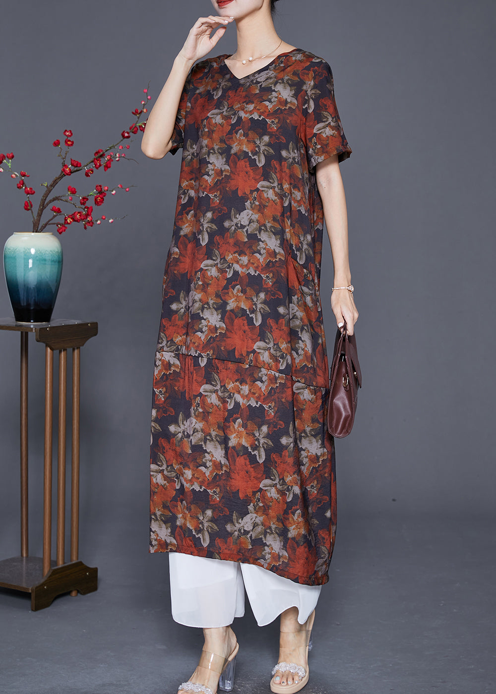 French Red Floral Patchwork Linen Straight Dress Summer Ada Fashion