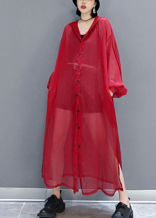 French Red Hooded Hollow Out Chiffon Long Cardigans Summer LY1658