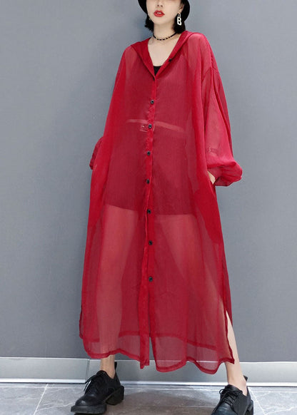 French Red Hooded Hollow Out Chiffon Long Cardigans Summer LY1658 - fabuloryshop