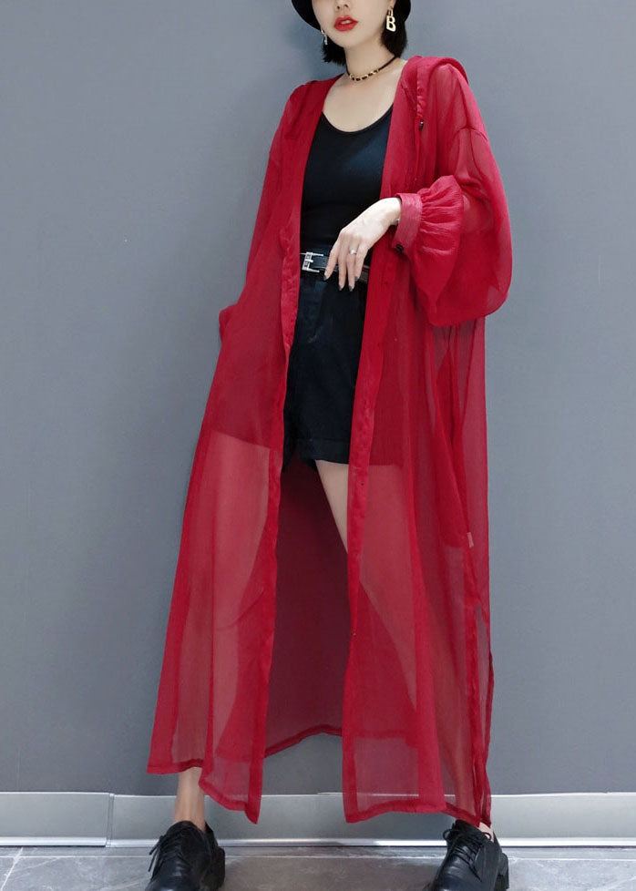 French Red Hooded Hollow Out Chiffon Long Cardigans Summer LY1658 - fabuloryshop