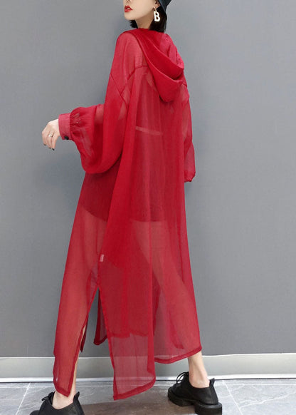 French Red Hooded Hollow Out Chiffon Long Cardigans Summer LY1658 - fabuloryshop