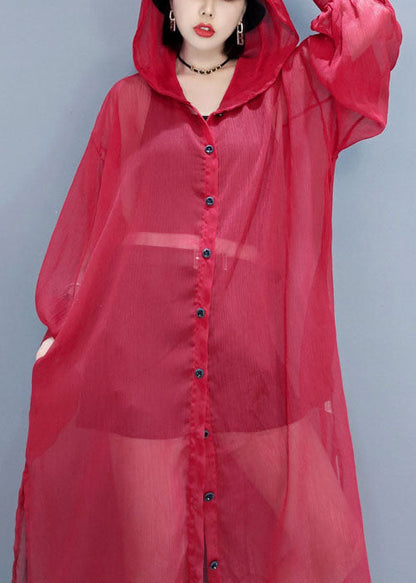 French Red Hooded Hollow Out Chiffon Long Cardigans Summer LY1658 - fabuloryshop