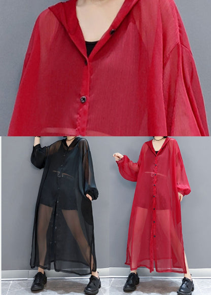 French Red Hooded Hollow Out Chiffon Long Cardigans Summer LY1658 - fabuloryshop