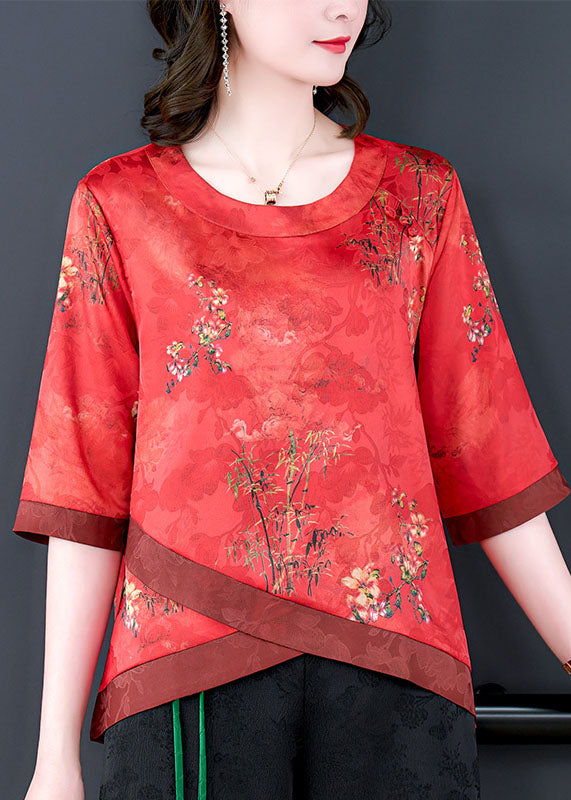 French Red O Neck Print Patchwork Silk Shirt Tops Summer LY0474