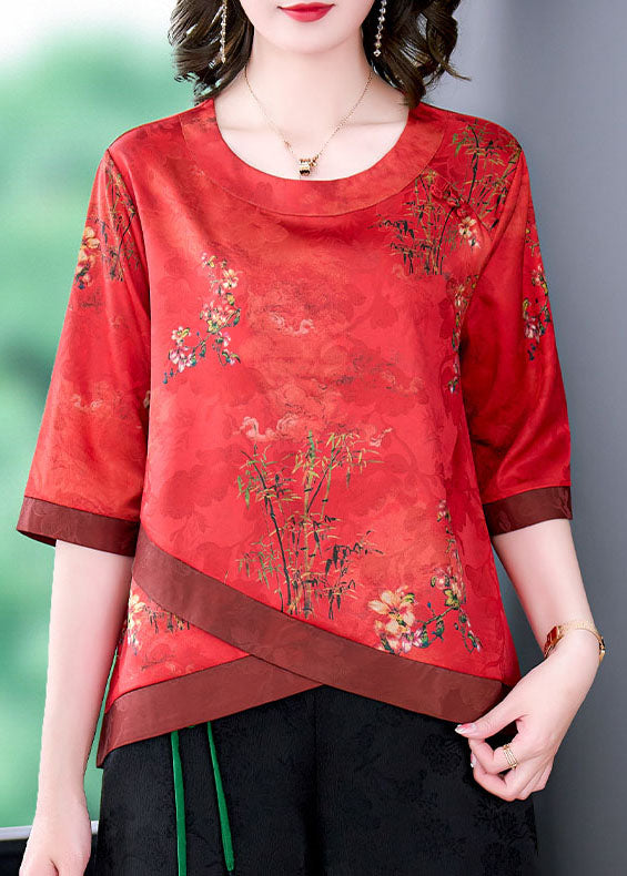 French Red O Neck Print Patchwork Silk Shirt Tops Summer LY0474 - fabuloryshop