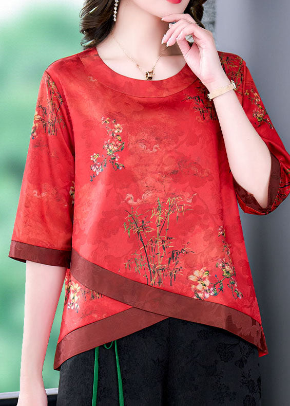 French Red O Neck Print Patchwork Silk Shirt Tops Summer LY0474 - fabuloryshop