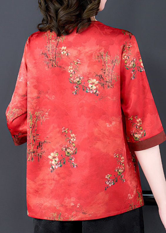 French Red O Neck Print Patchwork Silk Shirt Tops Summer LY0474 - fabuloryshop