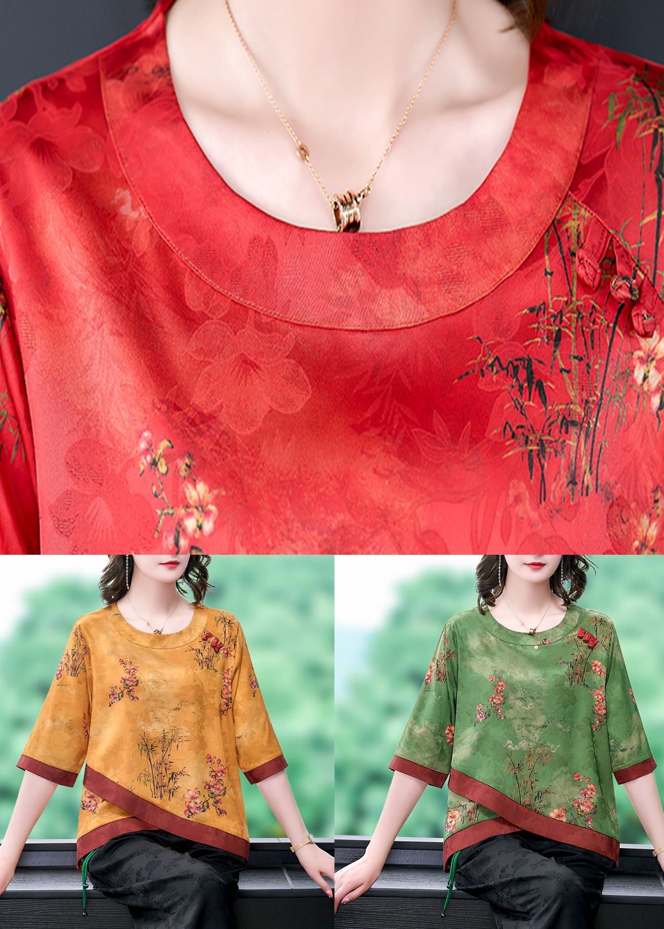 French Red O Neck Print Patchwork Silk Shirt Tops Summer LY0474 - fabuloryshop