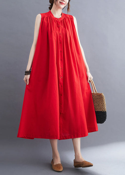 French Red O-Neck Wrinkled Cotton A Line Dresses Sleeveless LY0673 - fabuloryshop