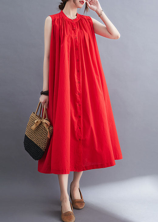 French Red O-Neck Wrinkled Cotton A Line Dresses Sleeveless LY0673
