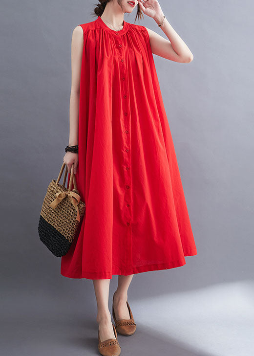 French Red O-Neck Wrinkled Cotton A Line Dresses Sleeveless LY0673 - fabuloryshop