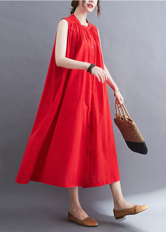 French Red O-Neck Wrinkled Cotton A Line Dresses Sleeveless LY0673