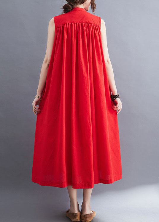 French Red O-Neck Wrinkled Cotton A Line Dresses Sleeveless LY0673 - fabuloryshop