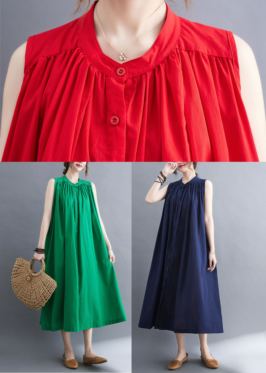 French Red O-Neck Wrinkled Cotton A Line Dresses Sleeveless LY0673 - fabuloryshop