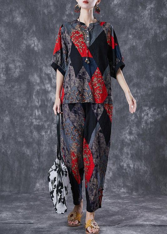 French Red Print Oversized Cotton 2 Piece Outfit Summer LY6692 - fabuloryshop