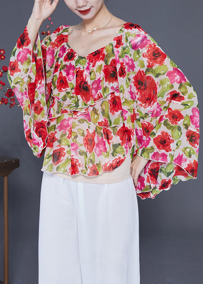 French Red Ruffles Print Backless Chiffon Shirt Flare Sleeve LY2352 - fabuloryshop