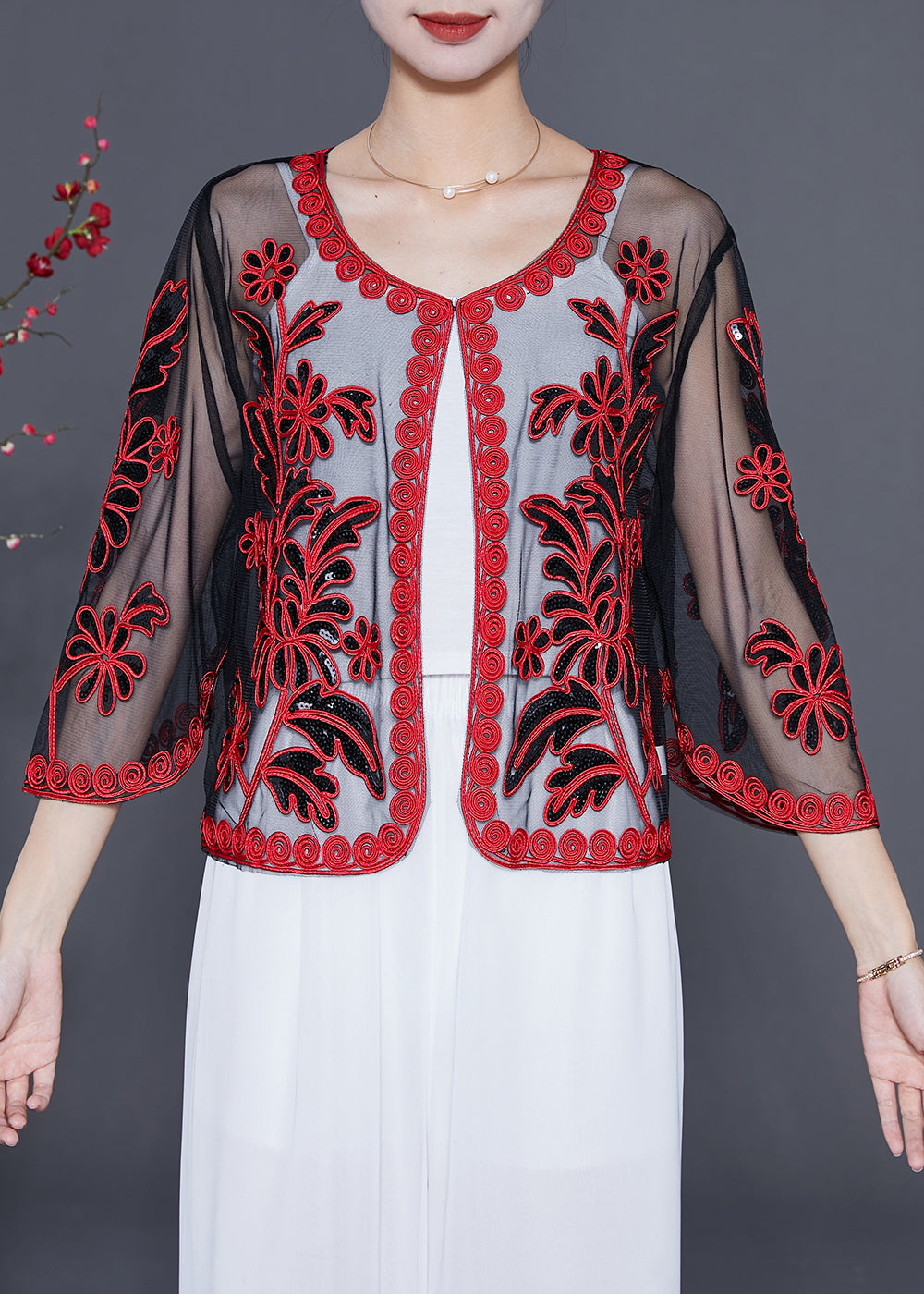 French Red Sequins Embroideried Tulle Loose Cardigan Summer LY5540 - fabuloryshop