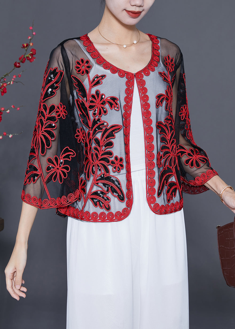 French Red Sequins Embroideried Tulle Loose Cardigan Summer LY5540 - fabuloryshop