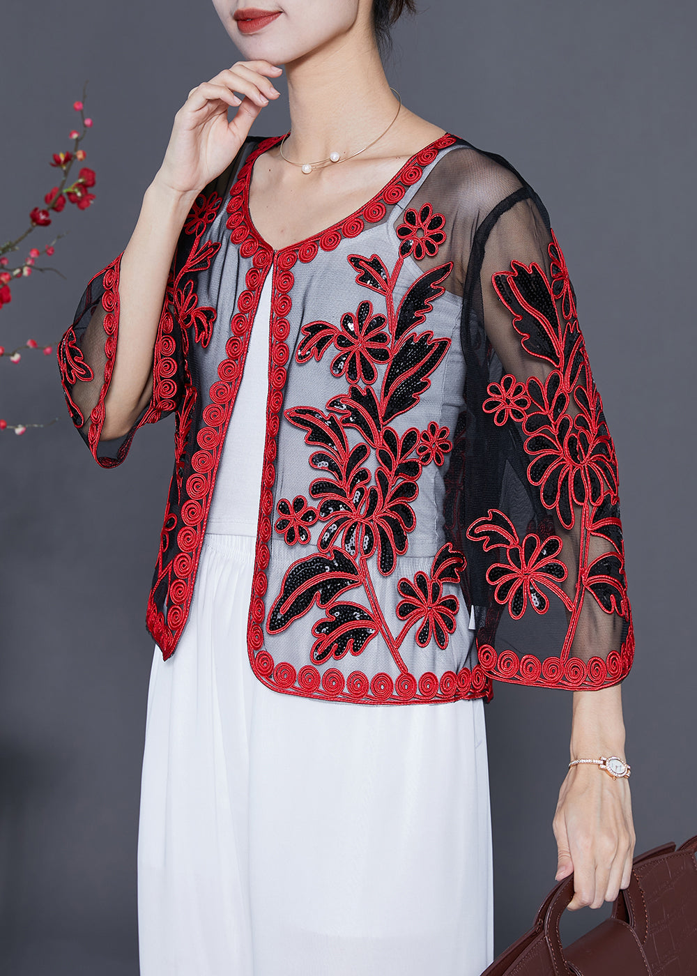 French Red Sequins Embroideried Tulle Loose Cardigan Summer LY5540 - fabuloryshop