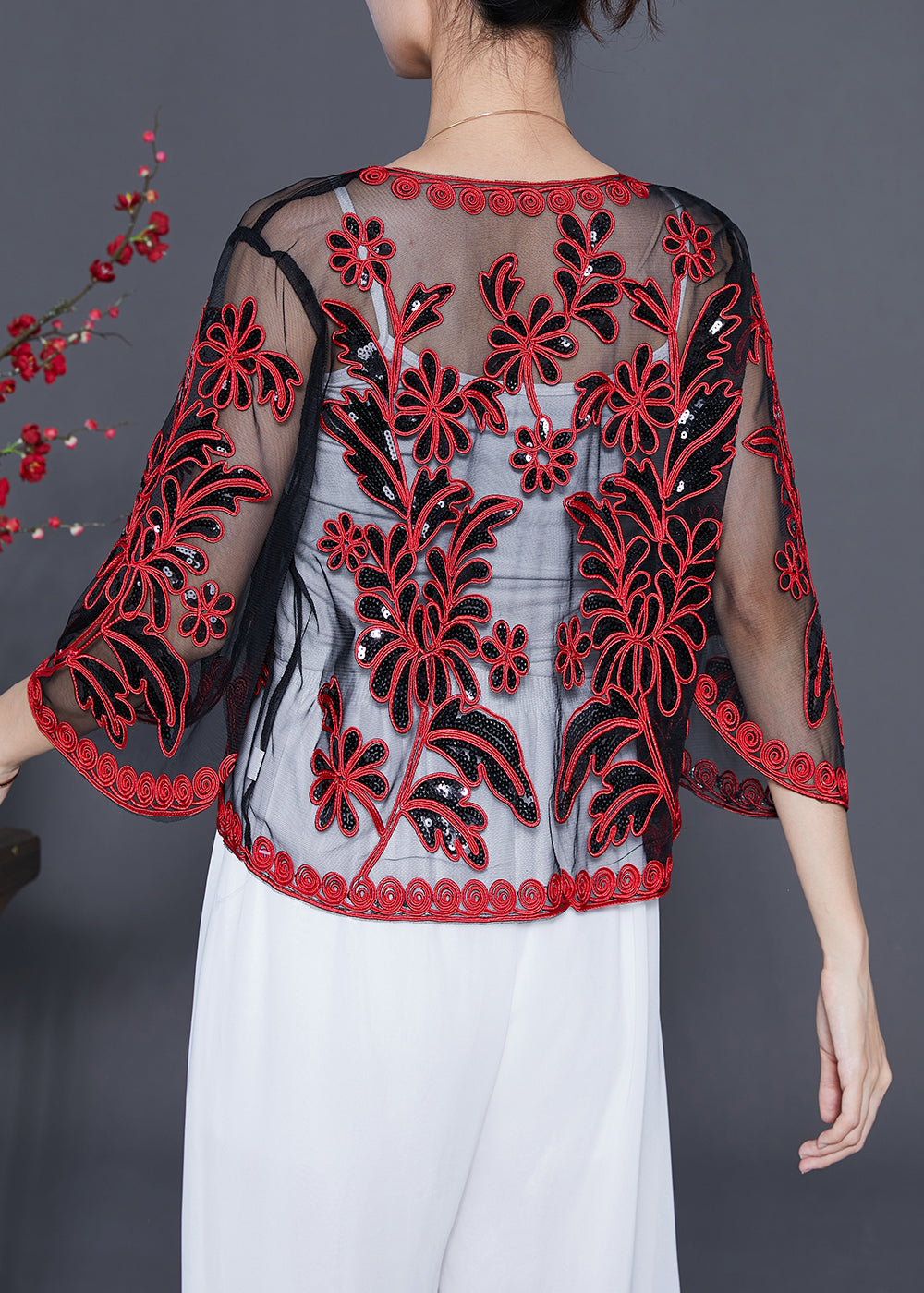 French Red Sequins Embroideried Tulle Loose Cardigan Summer LY5540 - fabuloryshop