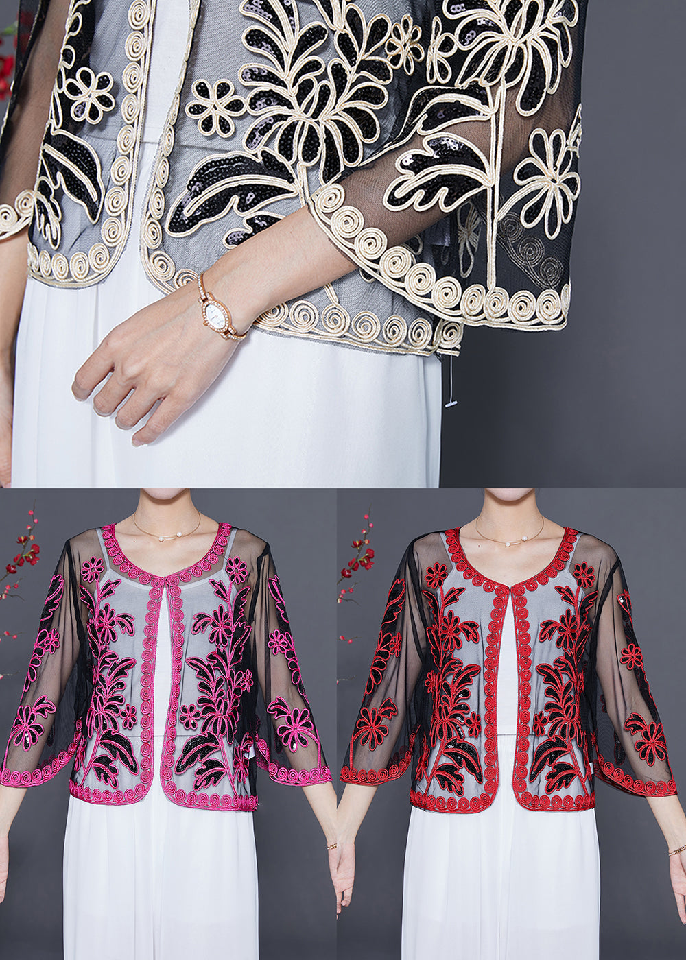 French Red Sequins Embroideried Tulle Loose Cardigan Summer LY5540 - fabuloryshop