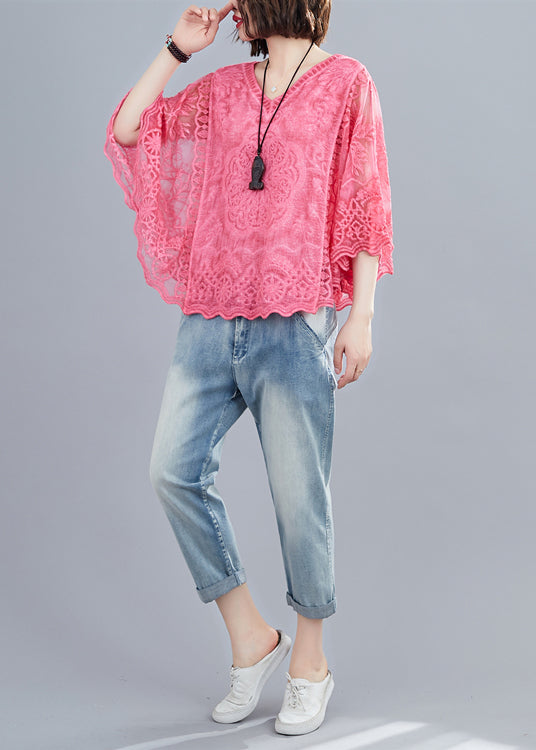 French Red V Neck Embroideried Cotton Blouses Batwing Sleeve LY7318 - fabuloryshop