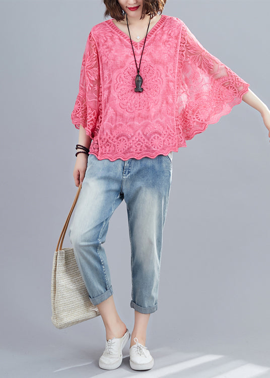 French Red V Neck Embroideried Cotton Blouses Batwing Sleeve LY7318 - fabuloryshop