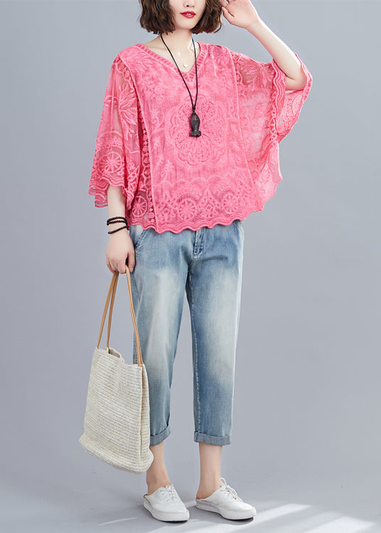 French Red V Neck Embroideried Cotton Blouses Batwing Sleeve LY7318 - fabuloryshop