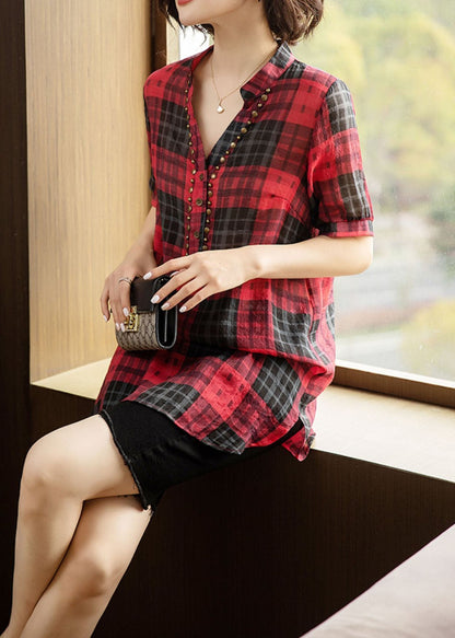 French Red V Neck Plaid Rivet Patchwork Cotton Shirts Summer TQ1028 - fabuloryshop