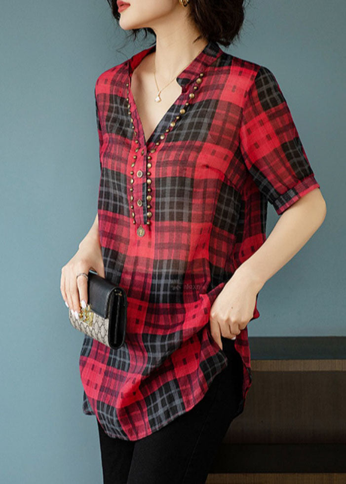 French Red V Neck Plaid Rivet Patchwork Cotton Shirts Summer Ada Fashion