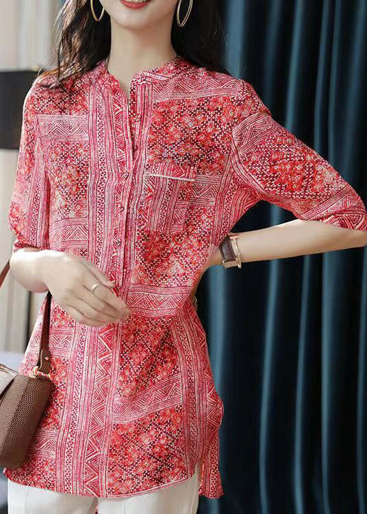 French Red V Neck Print Asymmetrical Design Patchwork Chiffon Shirts Top Summer TP1007 - fabuloryshop