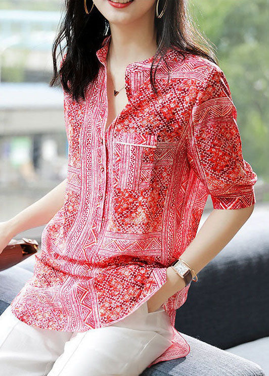 French Red V Neck Print Asymmetrical Design Patchwork Chiffon Shirts Top Summer TP1007 - fabuloryshop