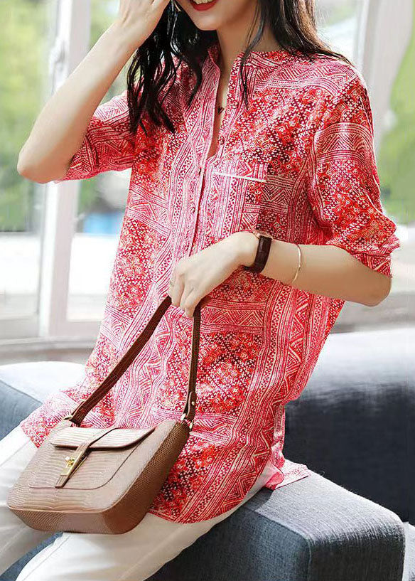 French Red V Neck Print Asymmetrical Design Patchwork Chiffon Shirts Top Summer TP1007 - fabuloryshop