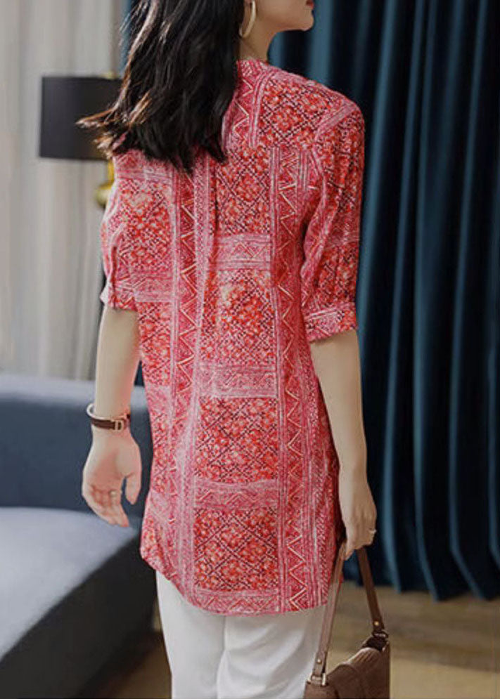 French Red V Neck Print Asymmetrical Design Patchwork Chiffon Shirts Top Summer TP1007 - fabuloryshop