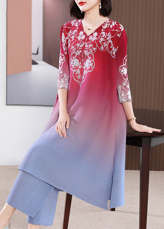 French Red V Neck Print Gradient Color A Line Dress Two Pieces Set Summer LY2719 - fabuloryshop