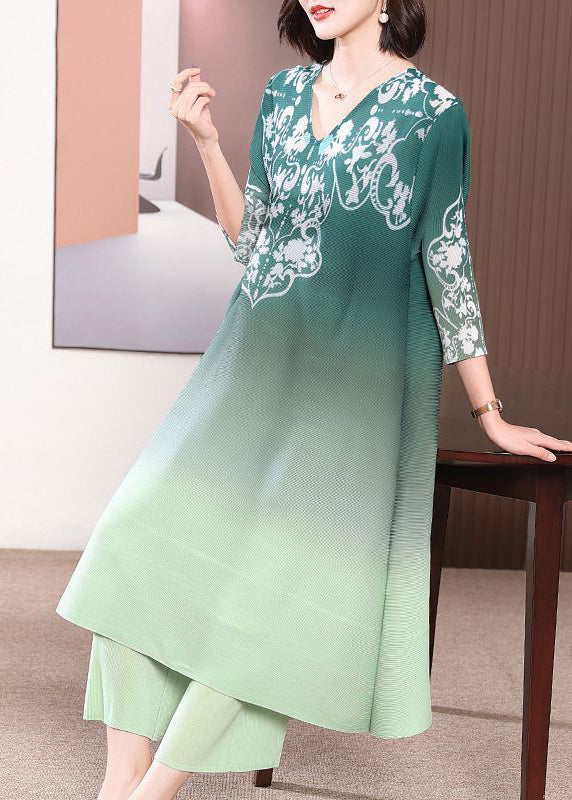 French Red V Neck Print Gradient Color A Line Dress Two Pieces Set Summer LY2719 - fabuloryshop
